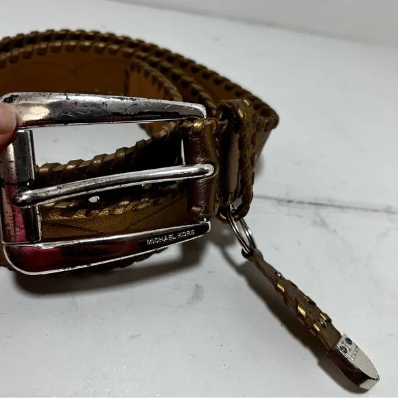 Michael Kors Gold Genuine Leather Silver Buckle belt Studded with key ring - Picture 2 of 12